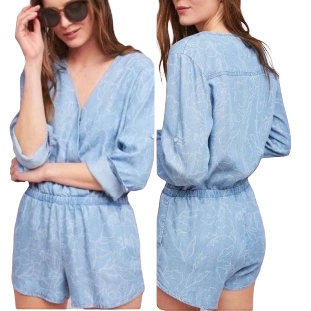 cloth & stone Light Blue Printed Jumpsuit Romper